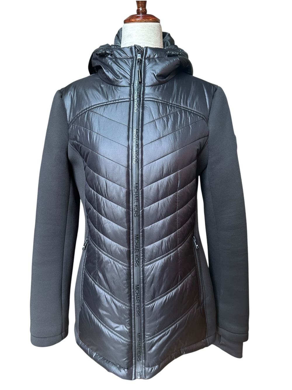 Michael Kors Women's Black Mixed Media Quilted Hooded Jacket, S